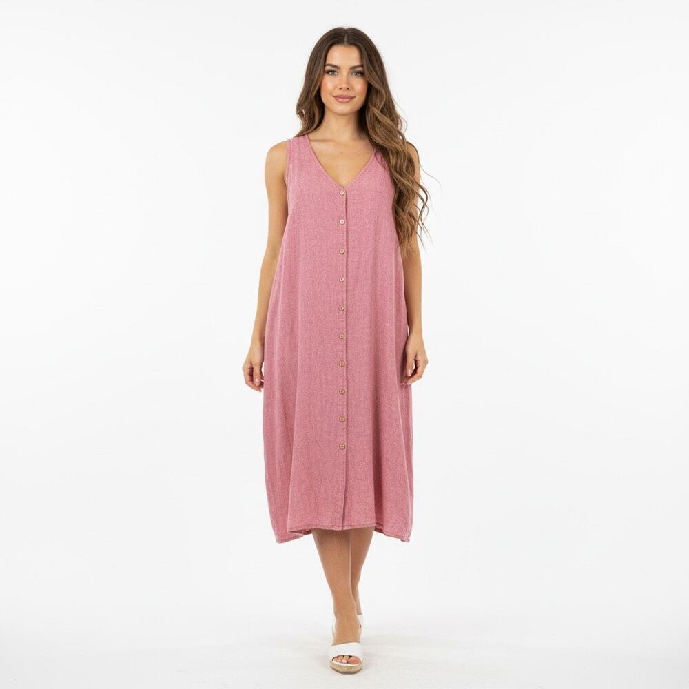 Naturals D&Co Pink Button Front Midi Shirt Dress Plus 3X Flowy Breezy Lagenlook